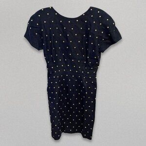 Carmen Marc Valvo Dress Metallic Star Embellished Deep V-Back Linen Navy Blue 8